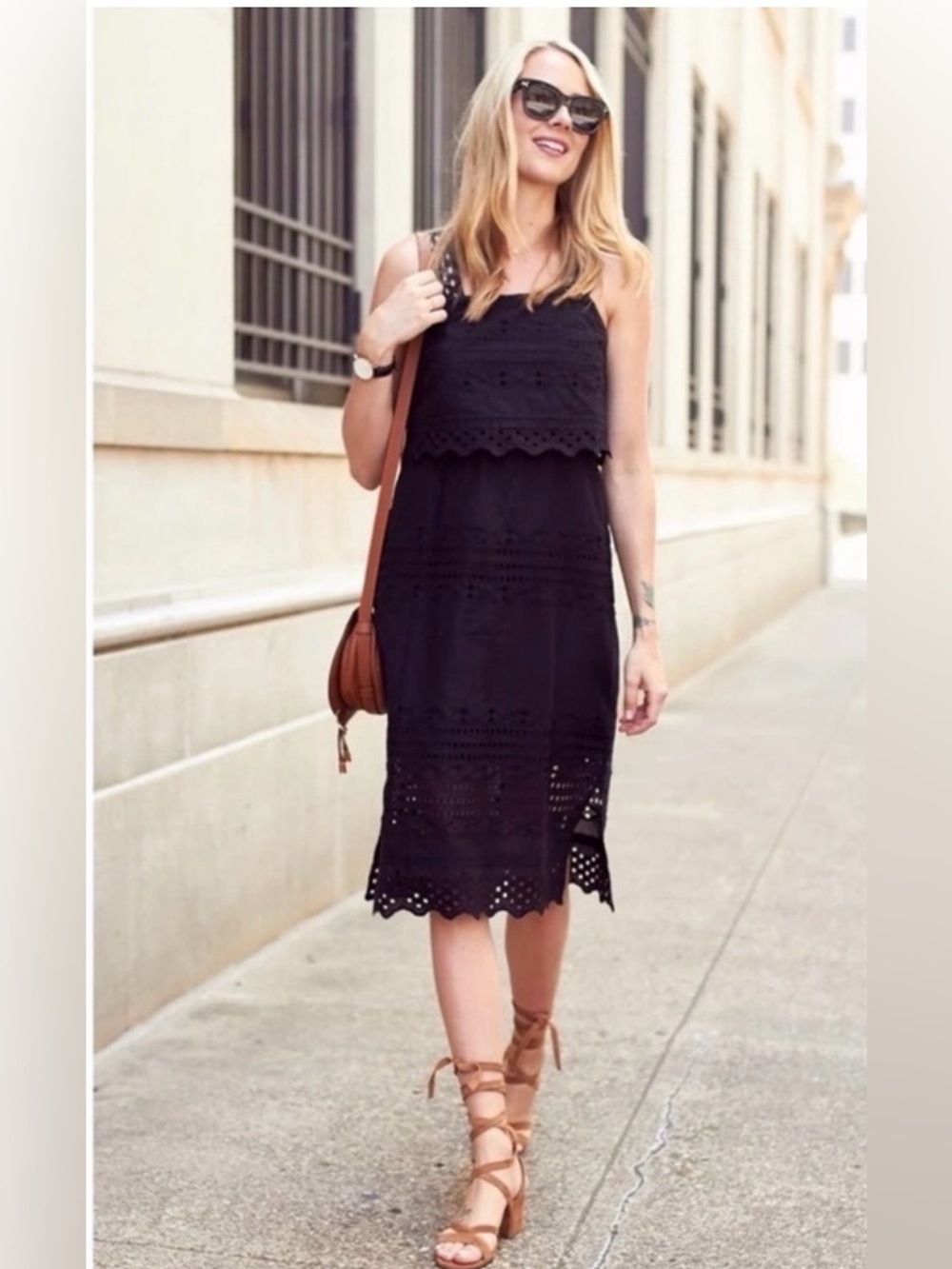 J Crew Black Eyelet Tiered Midi Dress